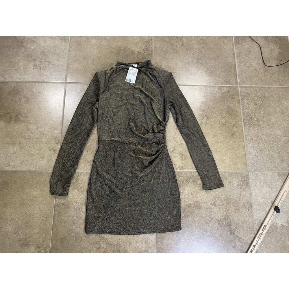 H&M Black Gold Metallic Women's Sz S Small Holiday Party Dress Long Sleeve